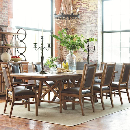 Timber Ridge Dining Table w/ Leather Arm & Side Charis